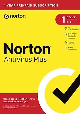 Bodega Norton AntiVirus Plus Antivirus Software for 1 Device, Auto-Renewal,  Advanced AI Scam Protection, & Password Manager (24163345)