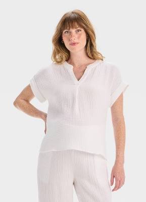 Short Sleeve V-Neck Gauze Roll Tab Maternity Shirt - Isabel Maternity by Ingrid & Isabel™ White S