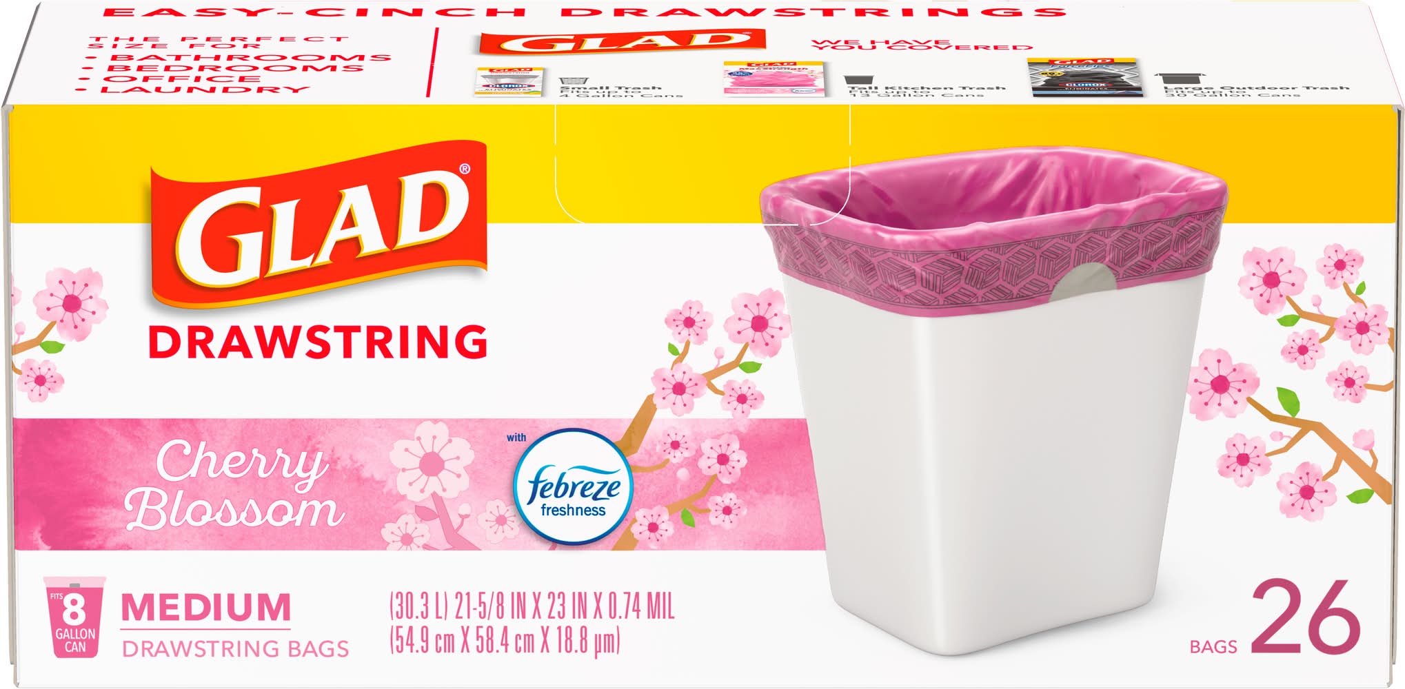 Glad Drawstring Febreze Freshness Trash Bags 8 Gallon, Cherry Blossom, M (26 ct)