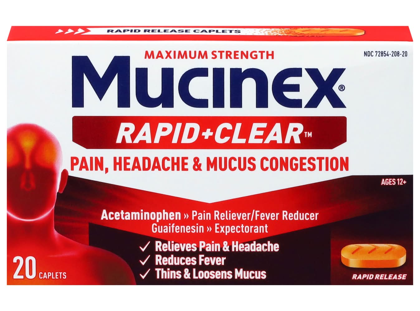 Mucinex Maximum Strength Rapid Clear Pain & Fever Relieving Caplets 12+ Years (20 ct)