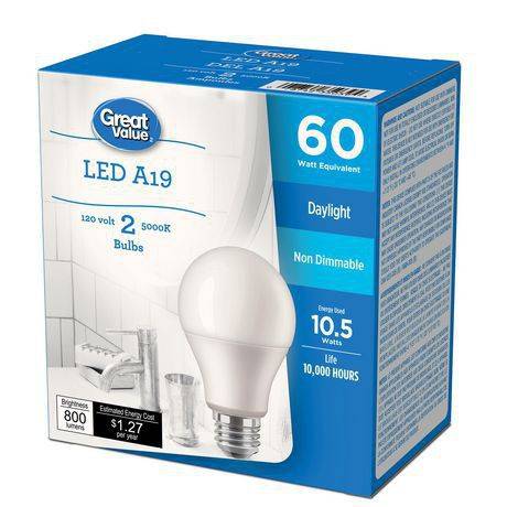 Ampoules lumière du jour led a19 pas de réglage d'intensité (2 unités) - great value 60w a19 daylight led bulbs 2-pack (non-dimmable, 800 lumens)