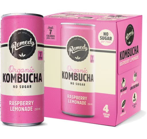 Remedy No Sugar Organic Kombucha, Raspberry Lemonade (4 x 250mL)