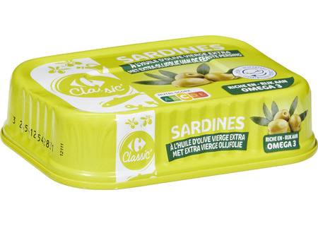 FID - Sardines huile d'olive vierge extra CARREFOUR CLASSIC' - la boite de 95g net égoutté