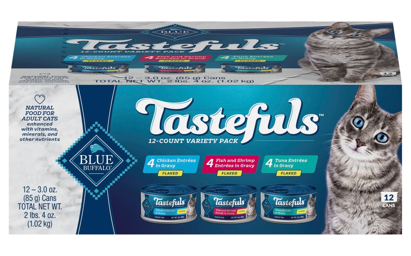 BLUE Tastefuls Flaked Wet Cat Food Variety pack, Chicken Entrees in Gravy-Fish and Shrimp Entrees in Gravy-Tuna Entree in Gravy, Adult (12 x 3 oz)