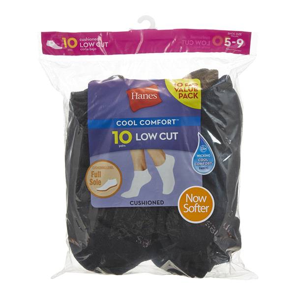 Hanes Cushioned Women's Low-Cut Athletic Socks, Black, 10 Pack, Size 5-9