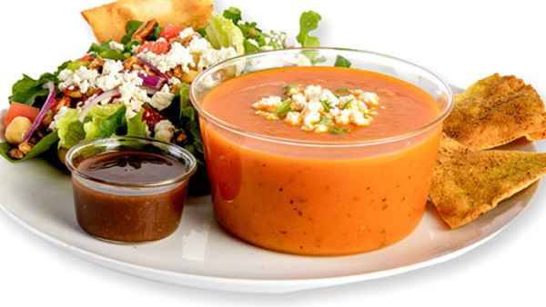 Tomato Basil Soup with Mediterranean Salad