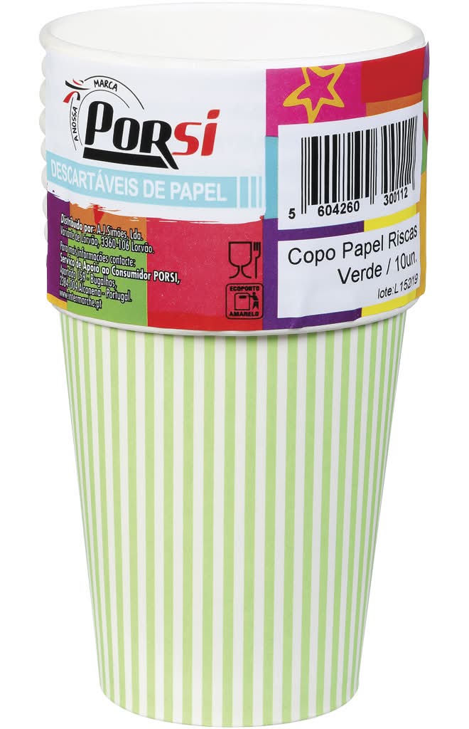 PorSi - Copos de papel riscas verdes 20 cl, 10 unidades