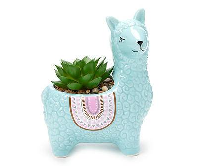 Real Living Artificial Succulent In Llama Ceramic Planter (Blue)