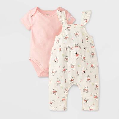 Toddler Girls' 2pc Disney Winnie The Pooh Overalls & Bodysuit Set - White/Pink 12M