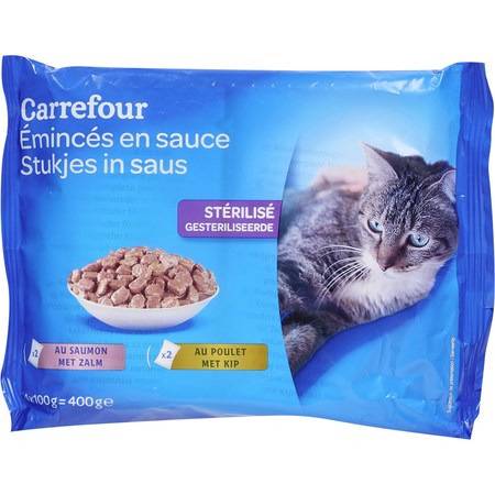 Pâté pour chats saumon poulet CARREFOUR - les 4 sachets de 100g