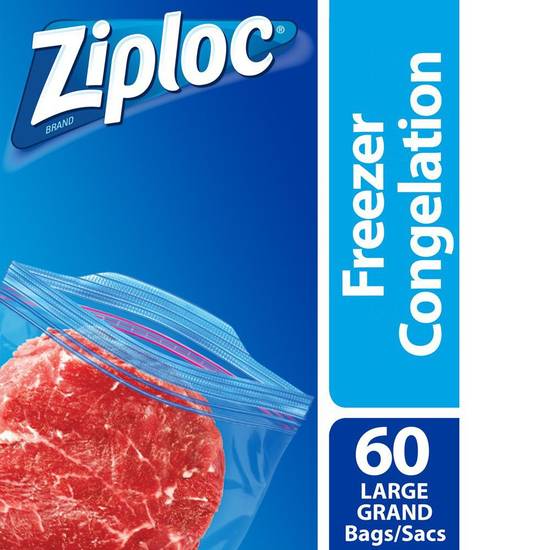 Ziploc ziploc grands sacs de congélation avec double sceau zipper et onglets ouverts faciles, grand, mega pack, 60 compter (sceaux de fraîcheur - 60 un) - grip'n seal freezer large bags (60 units)