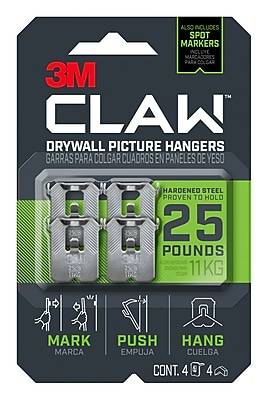 3M CLAW Large Picture Hanger, 25 lb, Silver, 4/Pack (3PH25M4ES)
