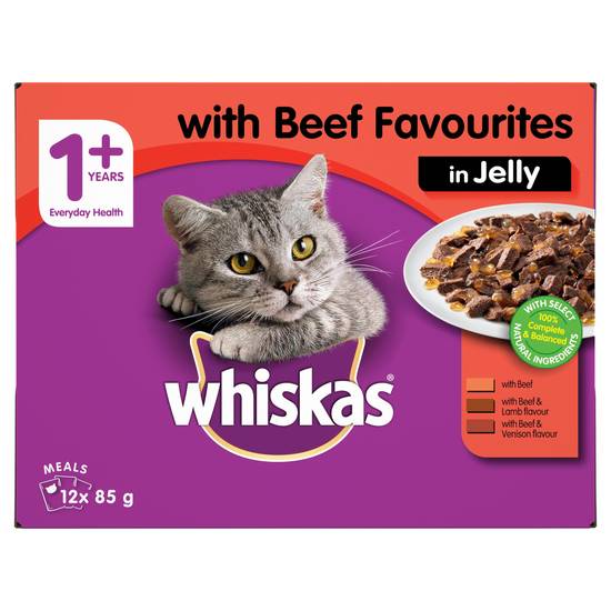 Whiskas Favourites Beef in Jelly Cat Food 12x85g 12 pack