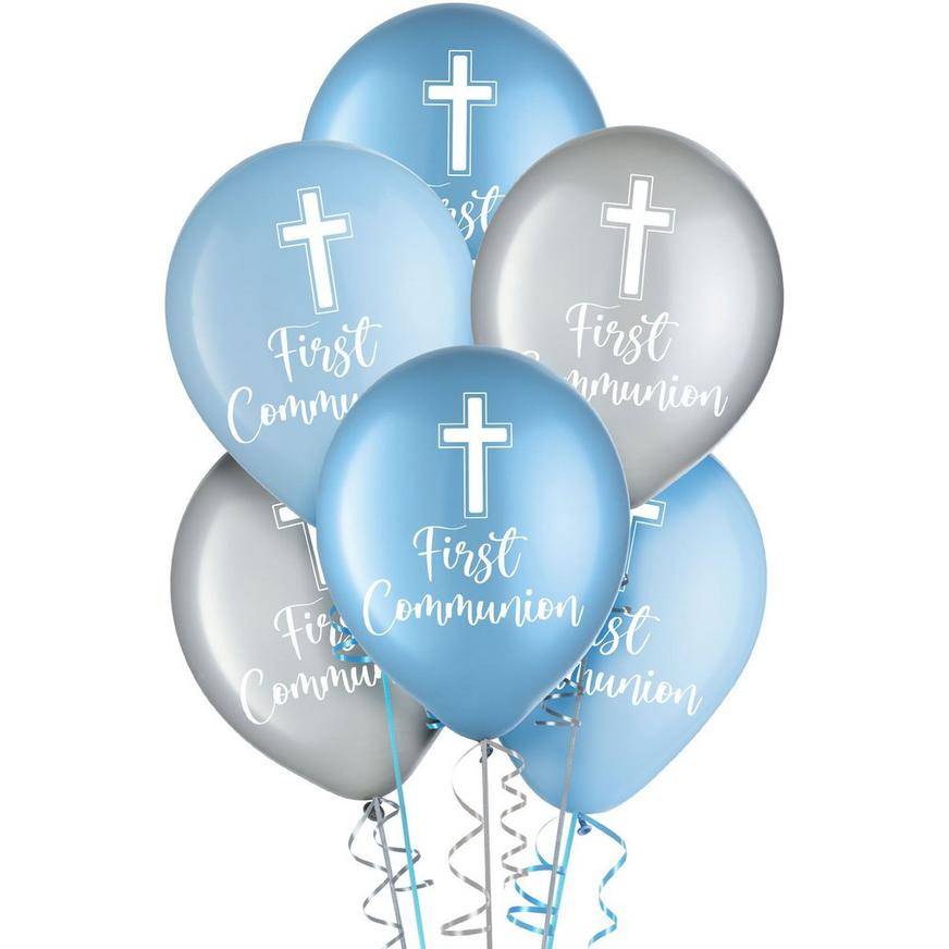 Uninflated 15ct, 12in, Blue Silver First Communion Cross Latex Balloons