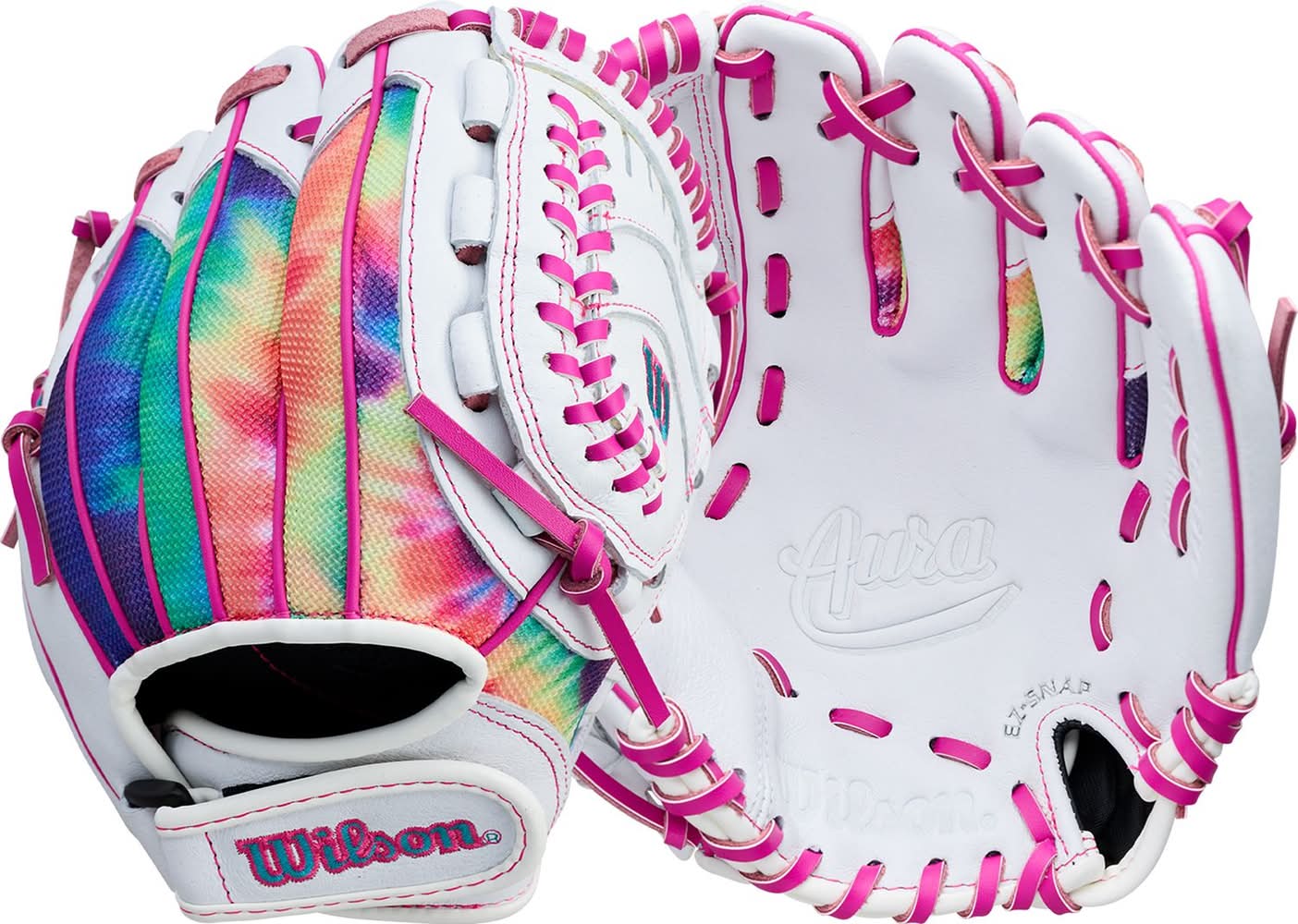 Wilson 10" Girls' A440 Aura Series Glove (White/Tie Dye/Flamingo Pink)