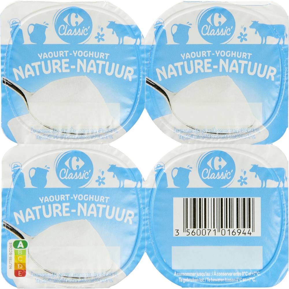 Yaourt nature CARREFOUR CLASSIC' - les 4 pots de 125g