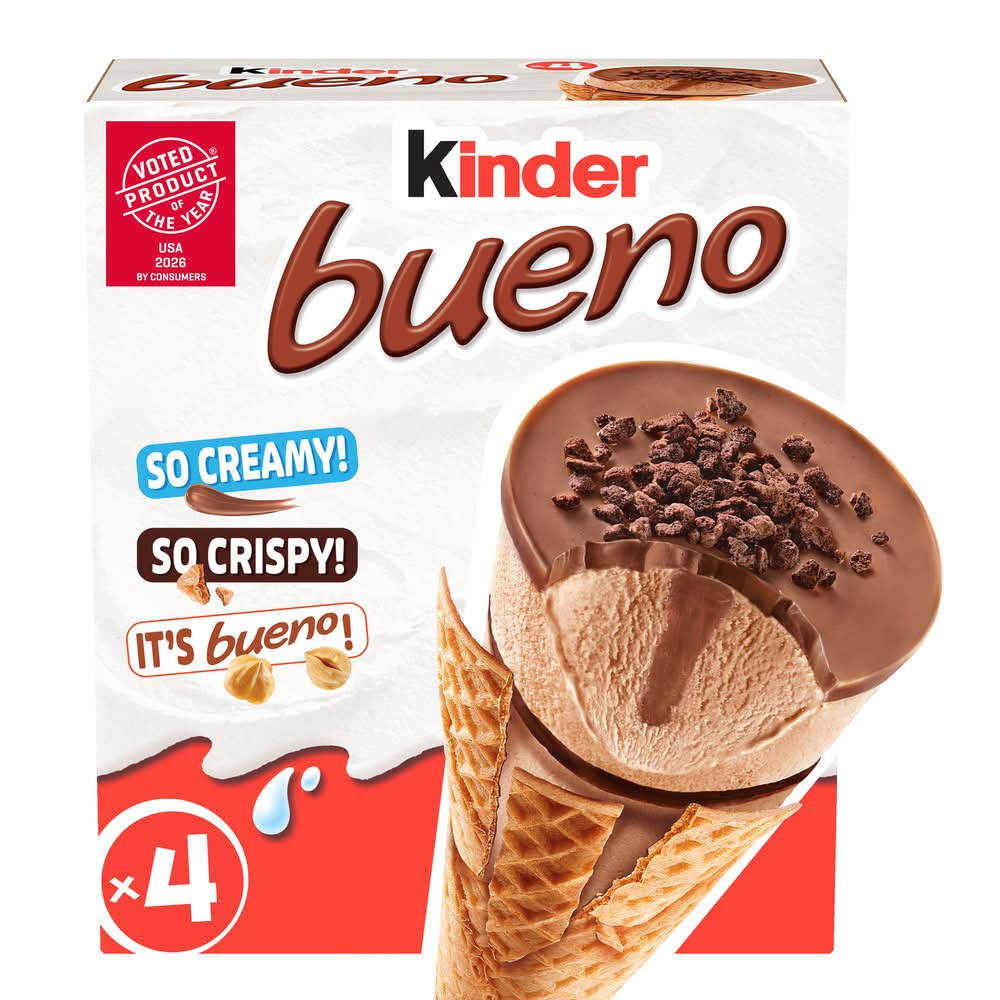 Kinder Bueno Frozen Dairy Dessert Cones, Hazelnut (4 x 3.04 fl oz)