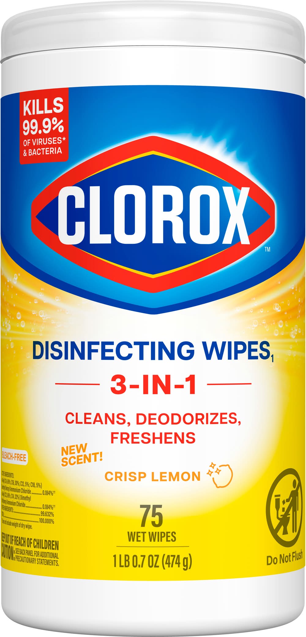 Clorox Disinfecting Wet Wipes, Crisp Lemon, Crisp Lemon (1 lbs, 75 ct)