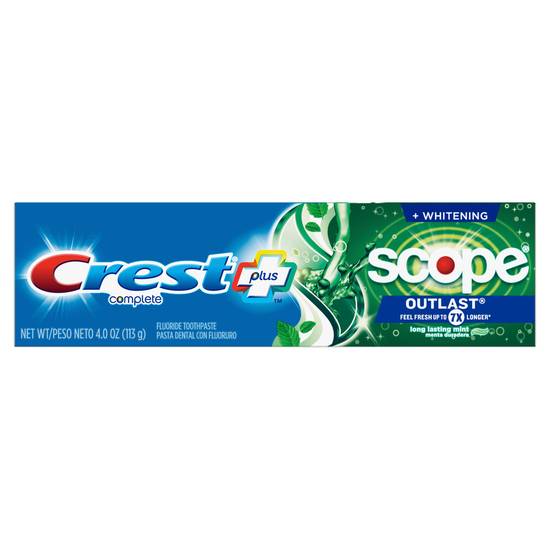 Crest + Scope Outlast Complete Whitening Toothpaste, Mint, 4.0 oz