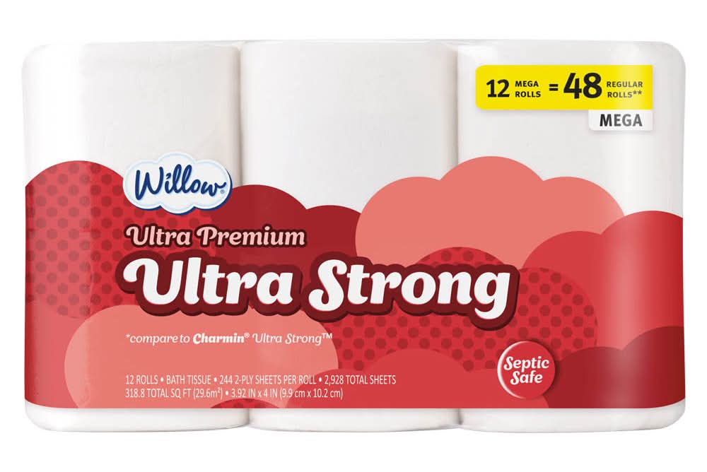 Willow Ultra Premium Strong Bath Tissue Rolls, 3.92x4 in (12 ct)