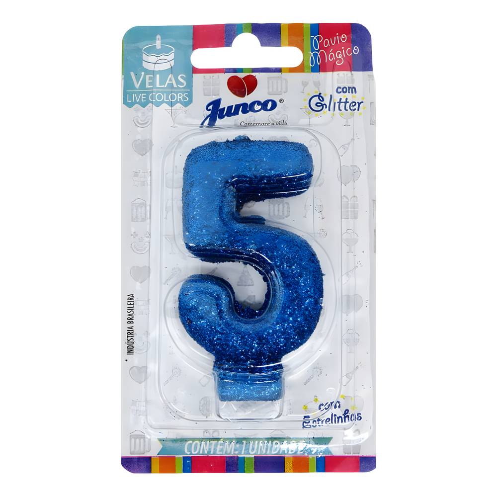 Junco vela de aniversário com glitter azul n°5 (1 unidade)