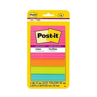 Post-It Super Sticky Notes, 4 In. X 4 In., Miami Collection, Lined, 4 Pads/Pack