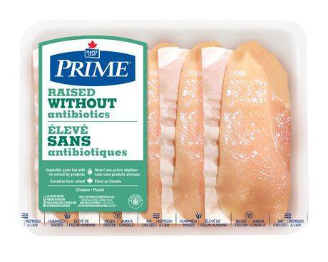 Prime éleve sans antibiotique poitrine de poulet  - sliced boneless skinless chicken breasts (5 units)