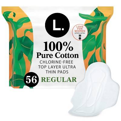 L . Organic Cotton Topsheet Ultra Thin Regular Absorbency Pads with Wings - 56ct