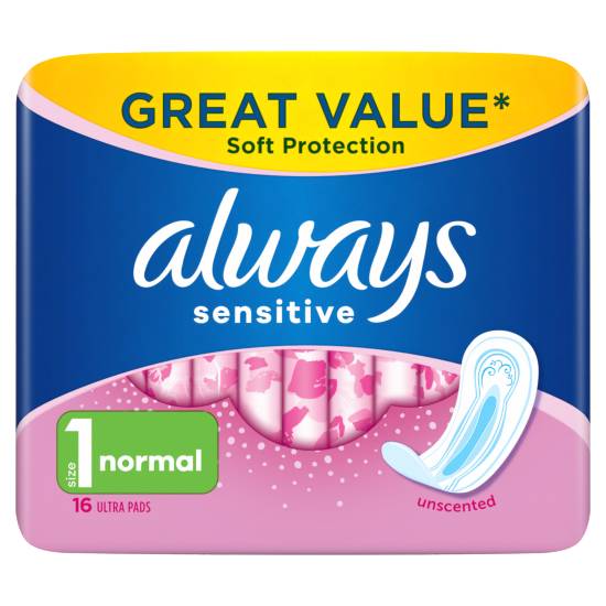 Always Sensitive Normal Ultra Sanitary Towels Pads Size 1 (16 ct)