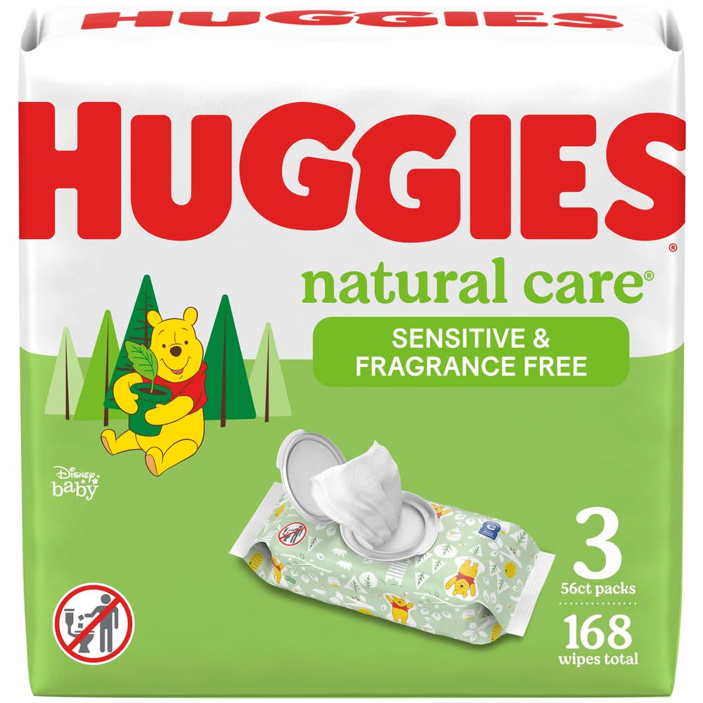 Huggies Natural Care Sensitive & Fragrance Free Baby Wipes, 7.7x6.6 in (3 x 56 ct)