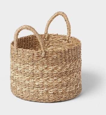 Brightroom Woven Round Seagrass and Palm Leaf Striped Basket