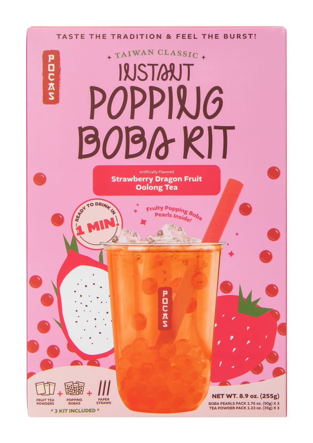 Pocas Instant Popping Boba Kit 8.9oz - Peach Oolong Tea Strawberry Dragonfruit Oolong Tea