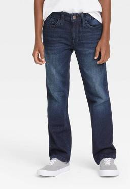 Boys' Stretch Straight Fit Jeans - Cat & Jack™ Blue 7: Mid Rise Denim with Adjustable Waistband, Machine Washable