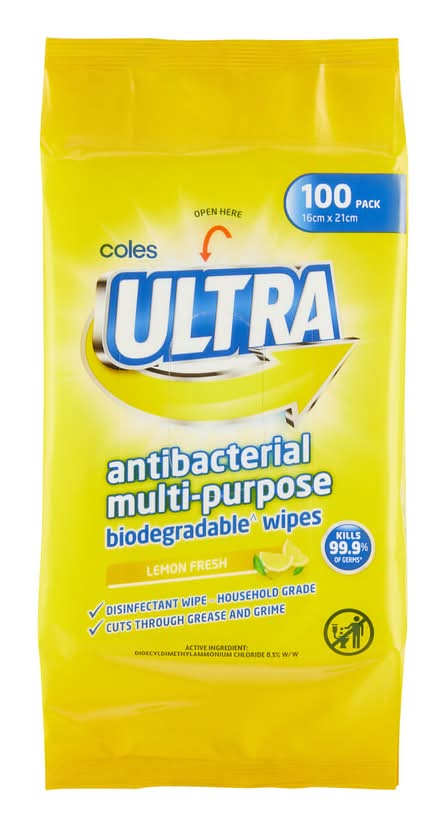 Coles Ultra Antibacterial Multi Purpose Biodegradable Wipes, Lemon Fresh, 16cm x 21 cm (100 pack)