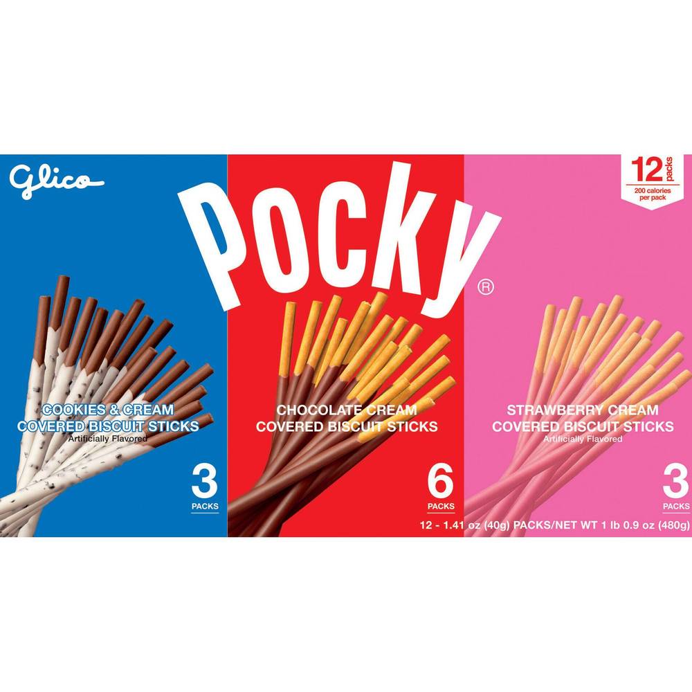 Glico Pocky Cream Covered Biscuit Sticks, Variety Pack, 1.41 oz, 12-count