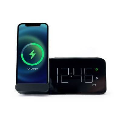 Capello Power Stand Alarm Table Clock Wireless Charger Usb Port Modern Design For Bedroom, Black