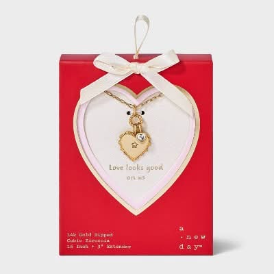 14K Gold Dipped Cubic Zirconia Vintage Valentines Heart Pendant Necklace - A New Day™ Gold