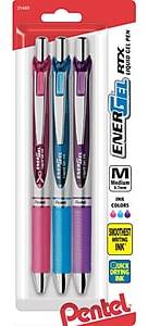 Pentel EnerGel RTX Retractable Gel Pens, Medium Point, Assorted Inks, 3/Pack (BL77BP3M1)