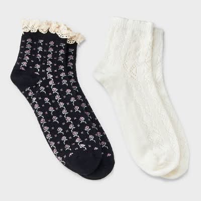 Auden Women's Floral Lace and Pointelle Ankle Socks, 4-10, Black-Ivory (2 pack)