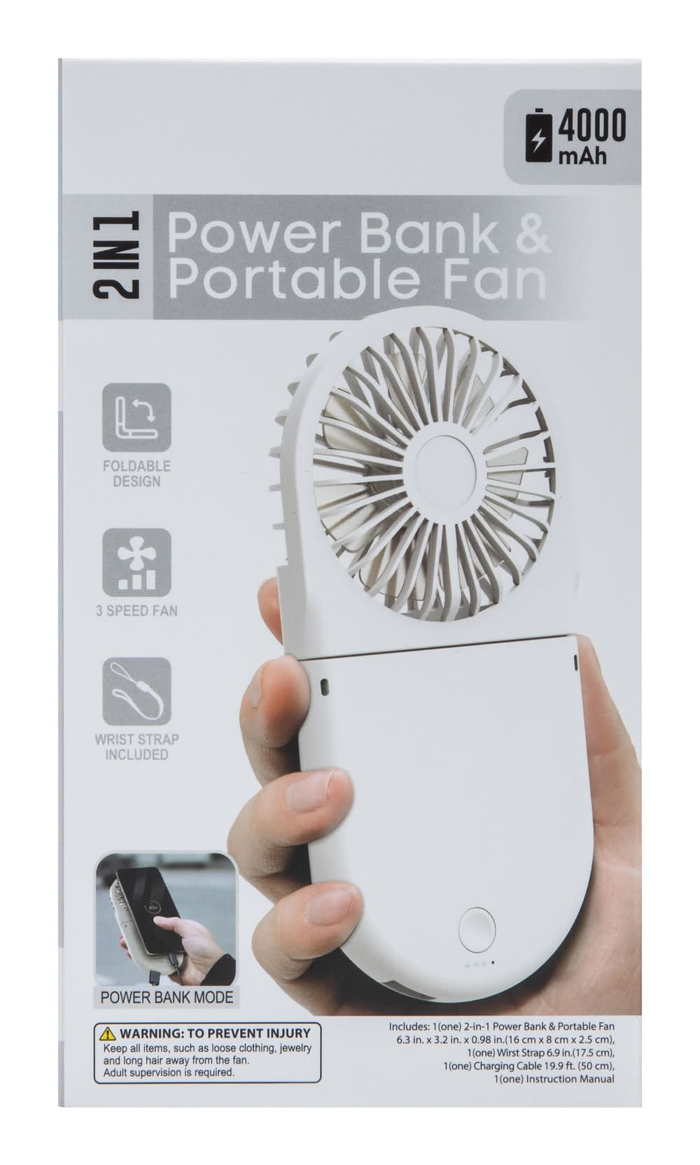 4000Mah 2-in-1 Power Bank & Portable Fan, White