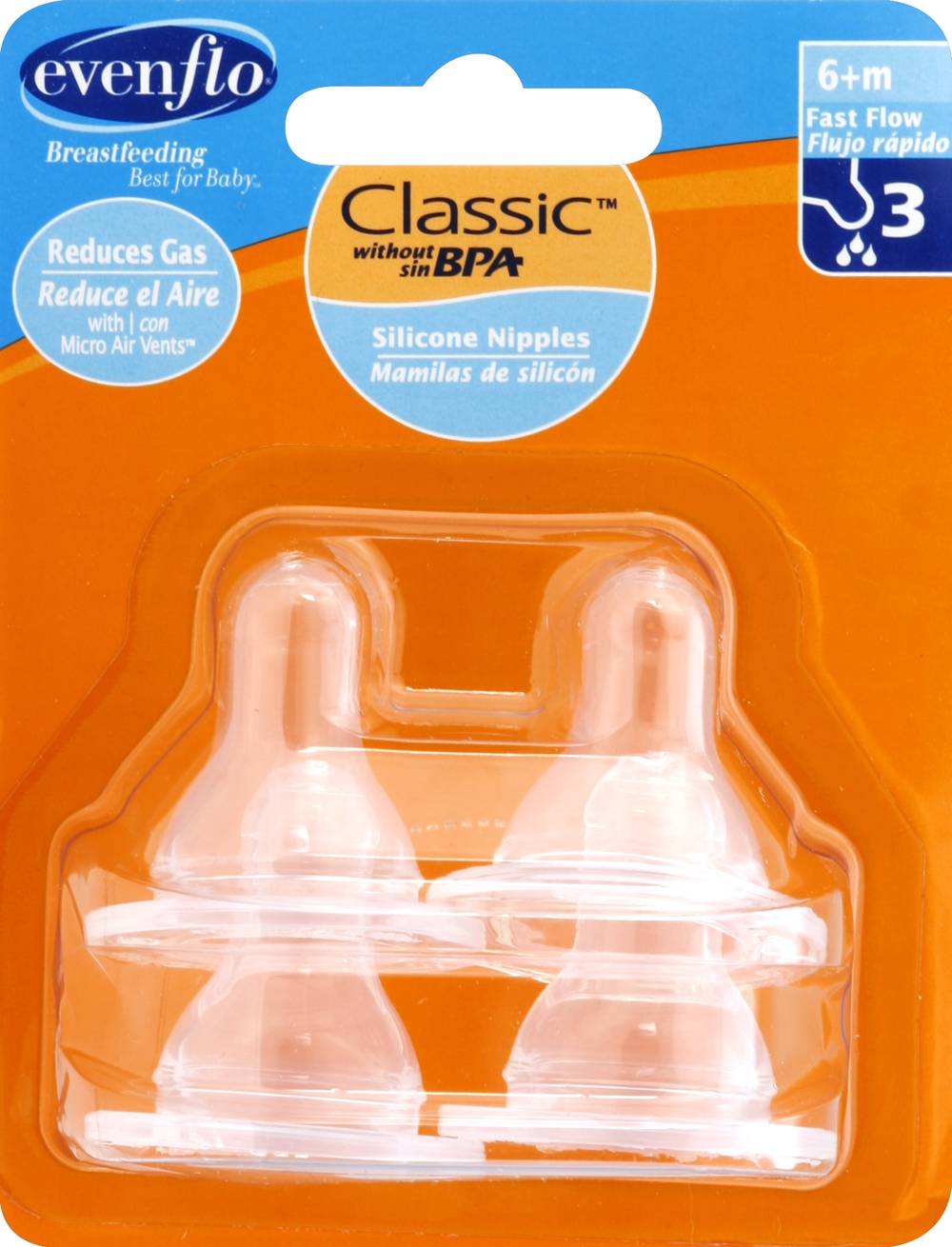 Evenflo 6+ M Fast Flow 3 Silicone Nipples (2 oz)