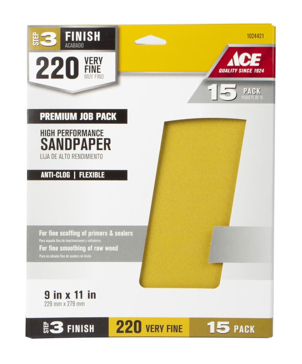 ACE 11 In. L X 9 In. W 220 Grit Aluminum Oxide All Purpose Sandpaper 15 Pk