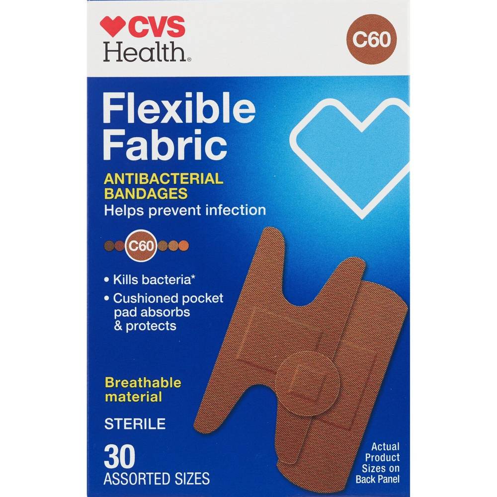 CVS Health Flexible Fabric Antibacterial Bandages, C60, Assorted Sizes, 30 CT