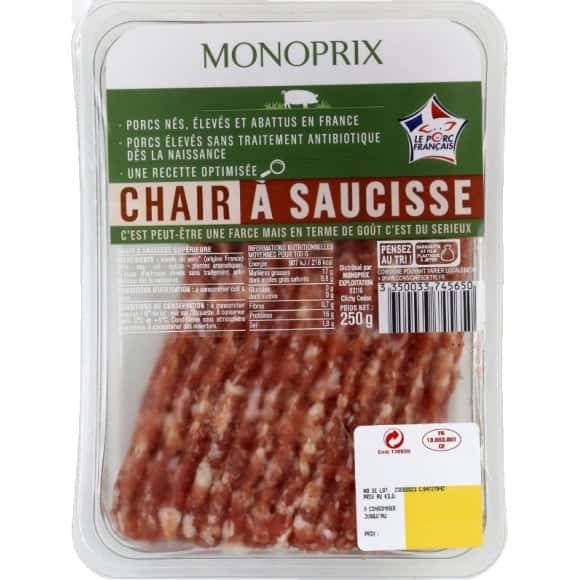 Monoprix Chair À Saucisse De Porc Élevé Sans Traitement Antibiotique La Barquette De 250 G