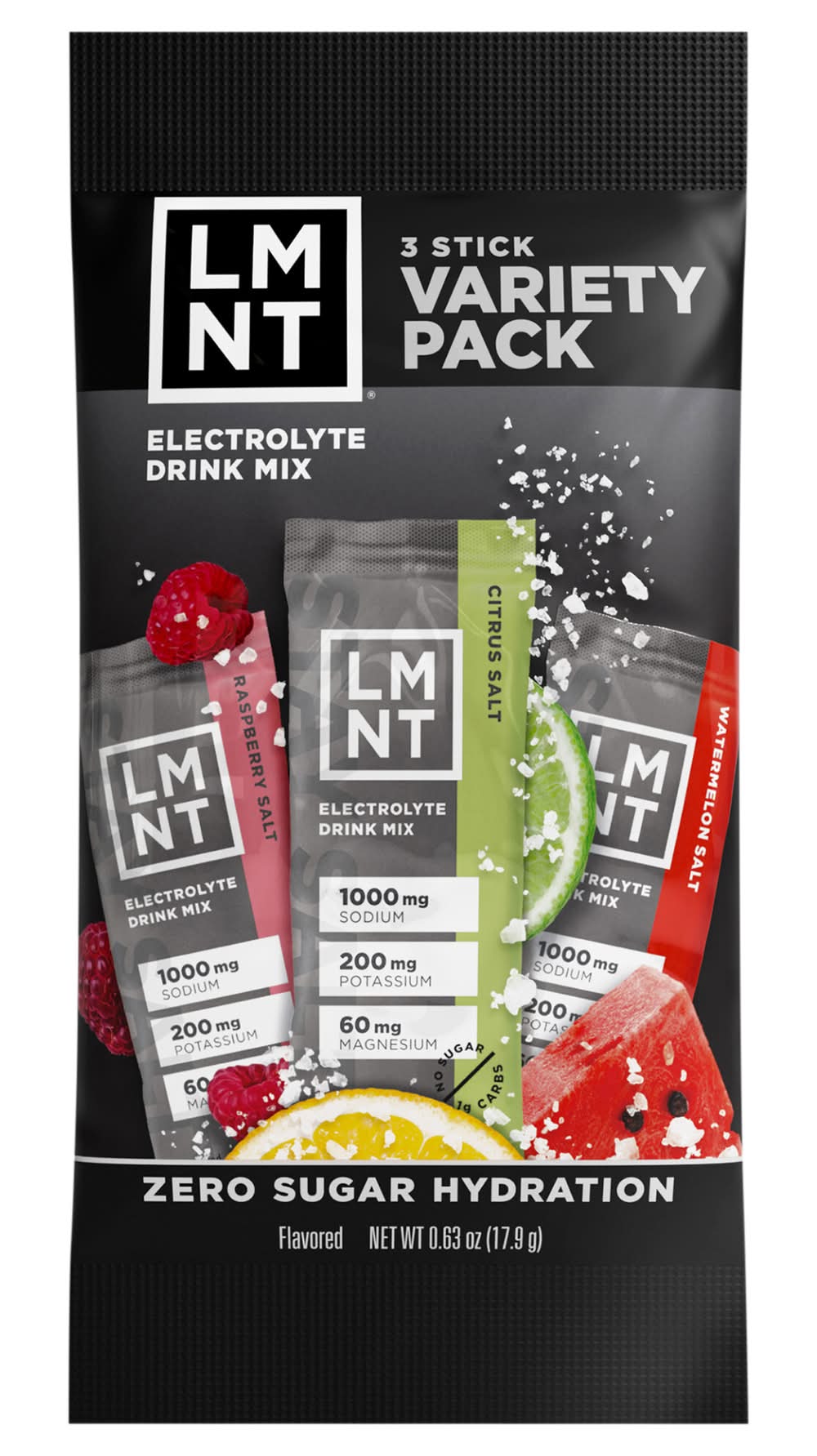 LMNT Zero-Sugar Hydration Electrolytes Drink Mix Variety pack, Cirtus-Raspberry-Watermelon (0.63 oz, 3 ct)