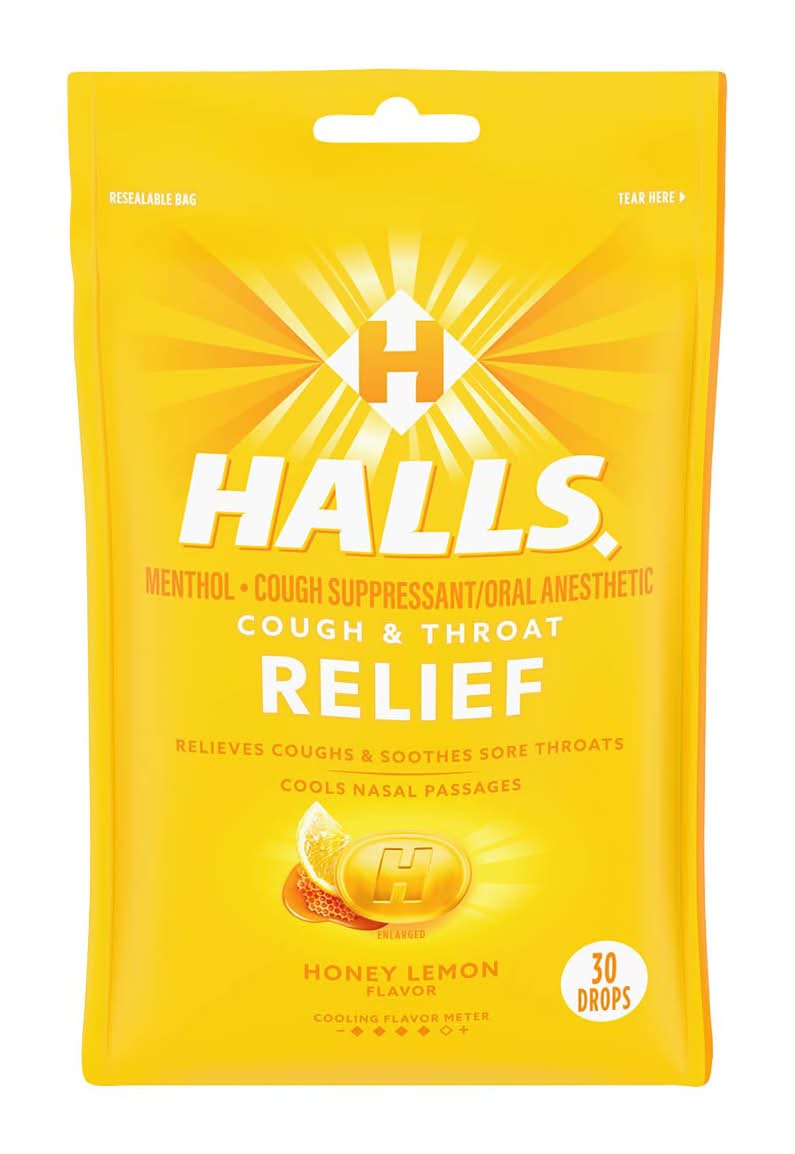 Halls Cough And Throat Relief Honey Lemon Cough Drops No Synthetic Dyes Fsa/Hsa Eligible 30 Drops