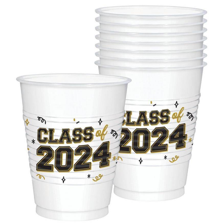 Gold Black Class of 2024 Graduation Plastic Cups, 16oz, 25ct