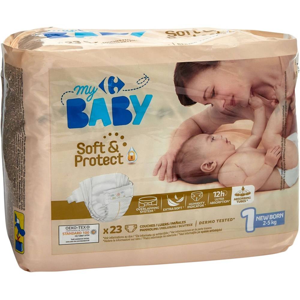 Carrefour Baby - Couches soft & protect taille-1, 2-5 kg (23 pièces)