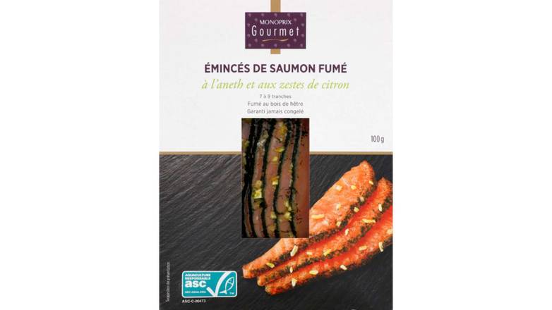Monoprix Gourmet Emincés Saumon fumé au citron et à l'aneth Atlantique Les 7-9 tranches, 100g