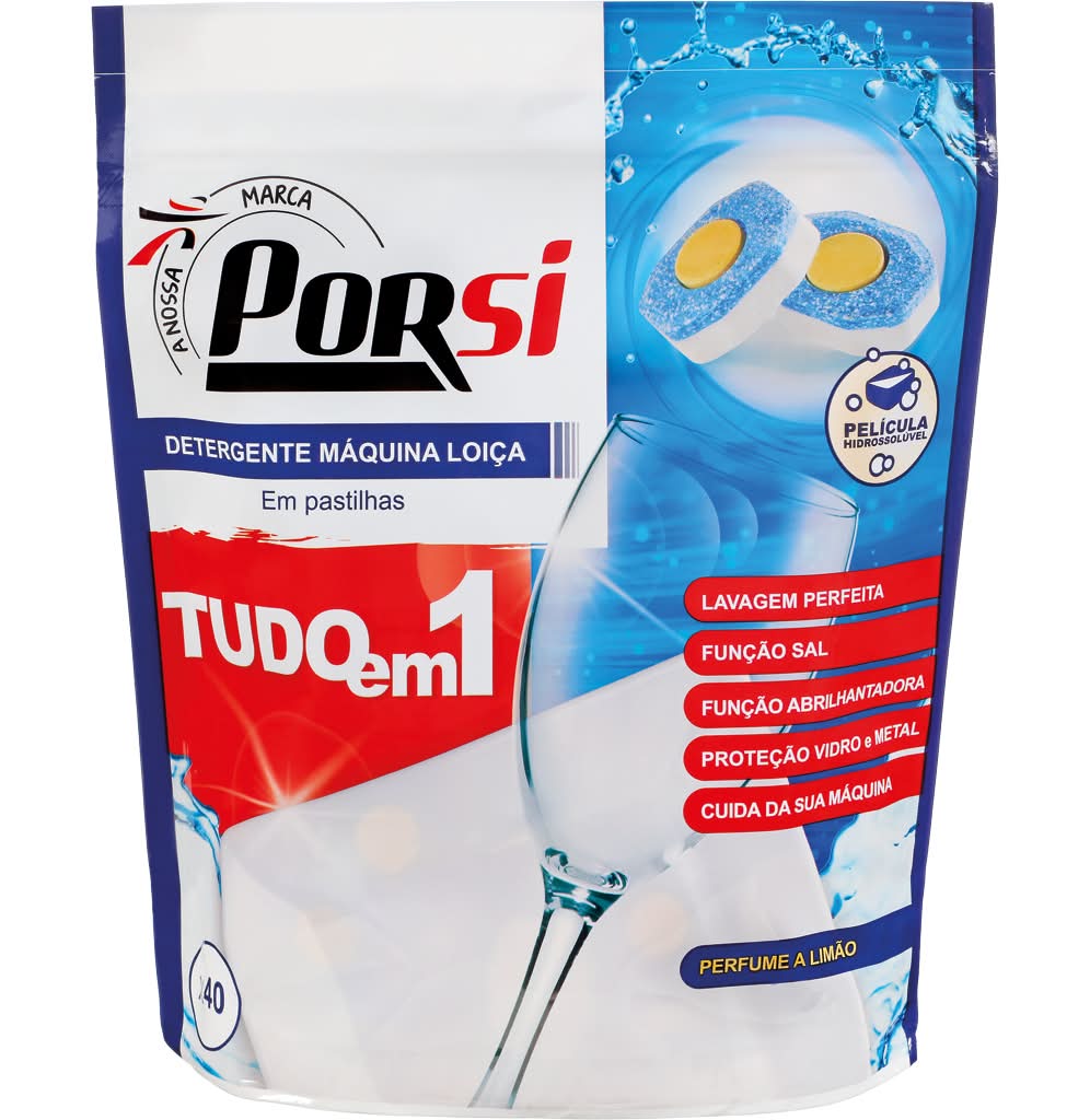 Porsi - Detergente maquina loiça tudo em 1Limão, embalagem de 40 cápsulas